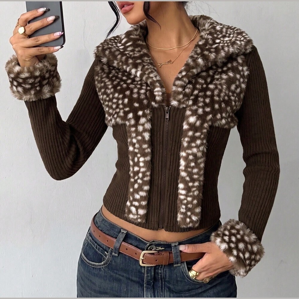 Brown Ribbed Knit Faux Deer Print Fur Panel Collar Zip Front Cropped Jacket